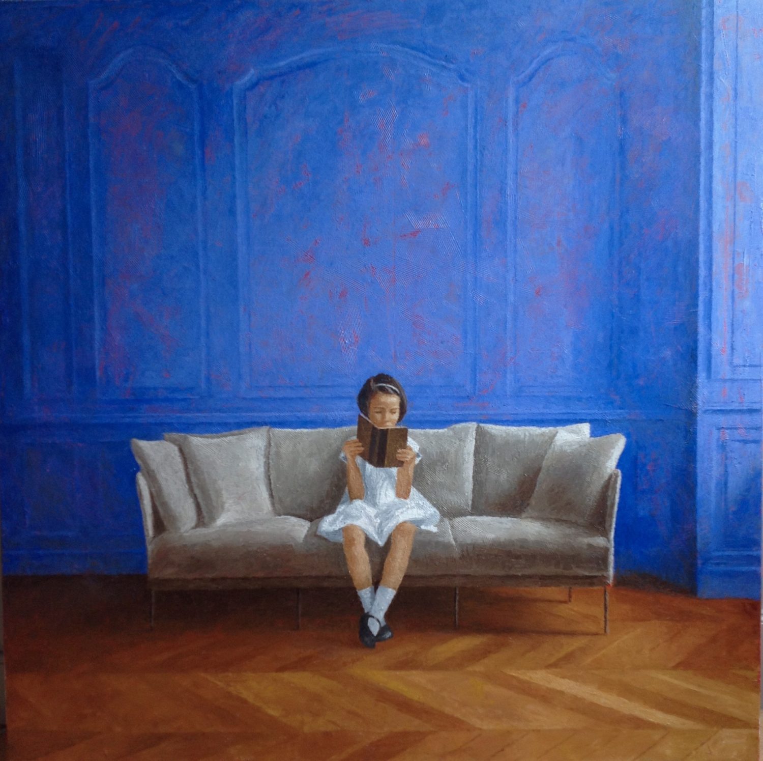 Clémence au salon bleu, huile sur toile, 100 x 100 cm